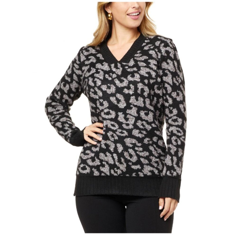 Nina Leonard Womens V Neck Pullover Sweater Ribbed Cuff/Hem Black Gray Large